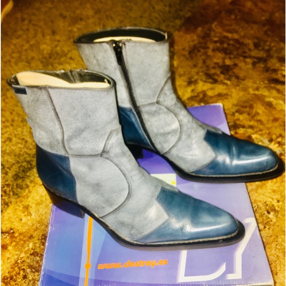 MENS SALVATORE 2 Tone Distressed Denim Blue Zippered BOOTS - Picture 2 of 7